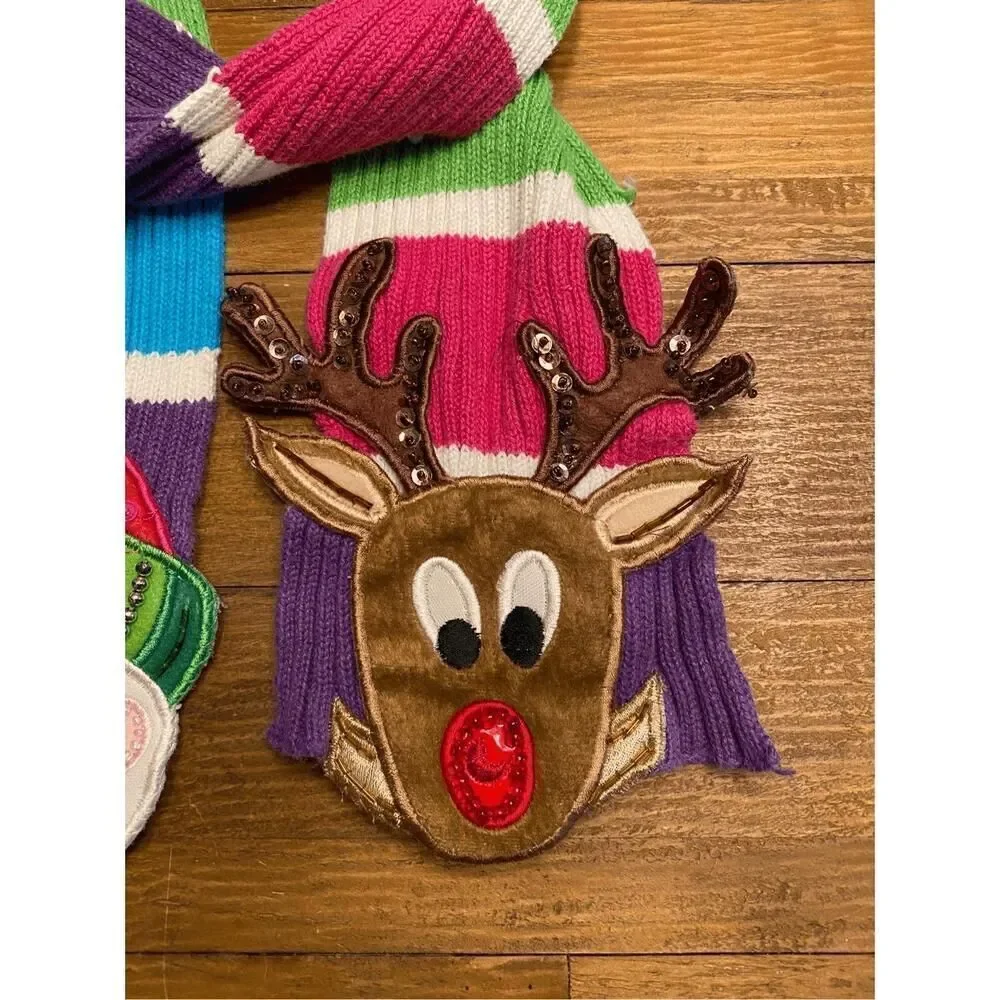 Snowman Reindeer knitted kids winter snow scarf multicolor